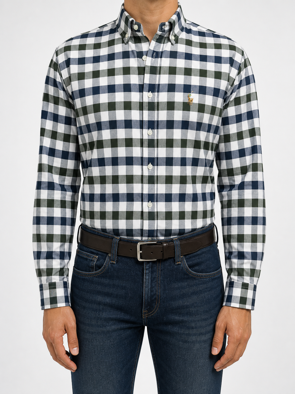 Men’s Navy and Green Bold-Check Shirt - front view
