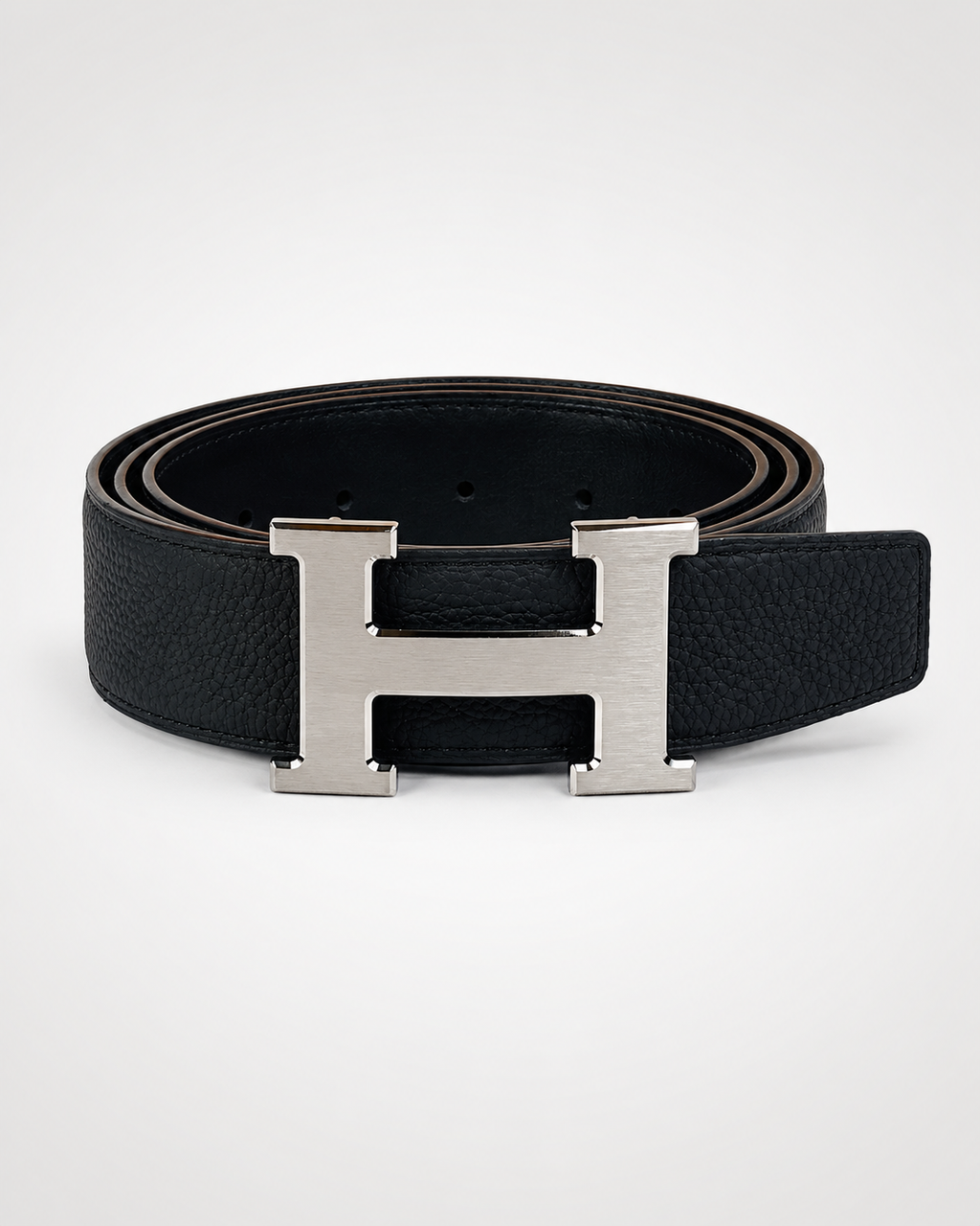 Black Reversible Silver-Tone H-Buckle Belt - front view