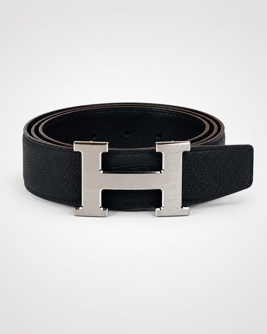 Black Reversible Silver-Tone H-Buckle Belt - front view