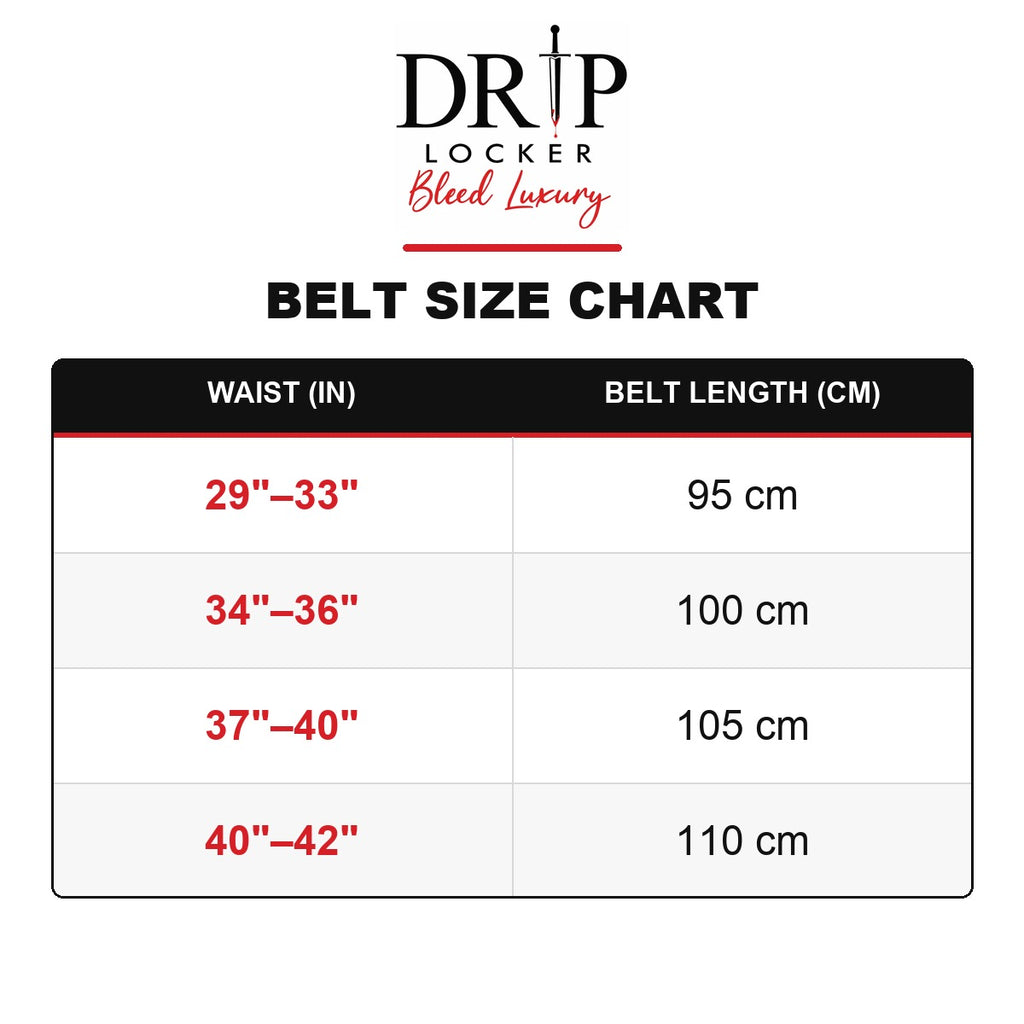 Drip Locker belt size chart: waist and belt length