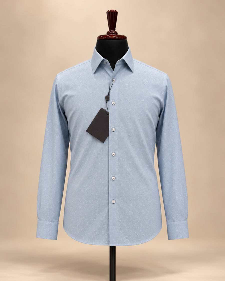Men’s Pale Blue Patterned Print Shirt — premium front hero image