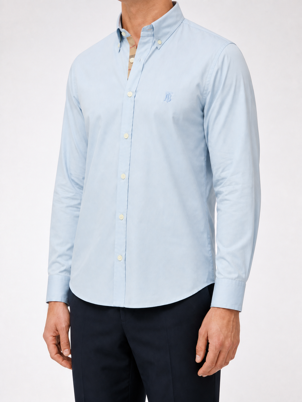 Men’s Pale Blue Check-Detail Shirt - light blue shirt no sleeve print left three quarter
