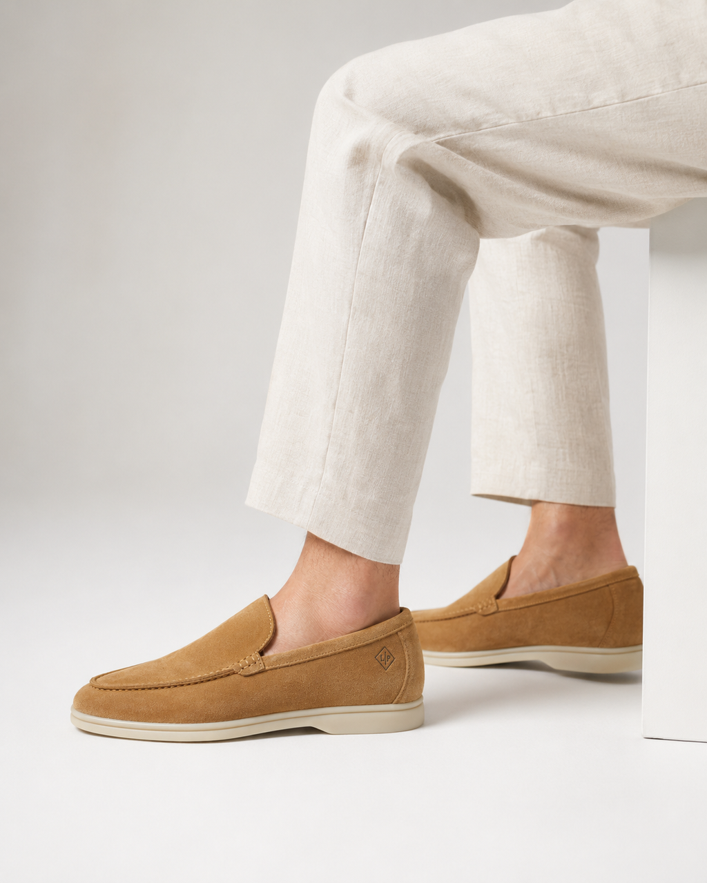 Men’s Apricot Suede Loafers - men's camel suede loafers on model