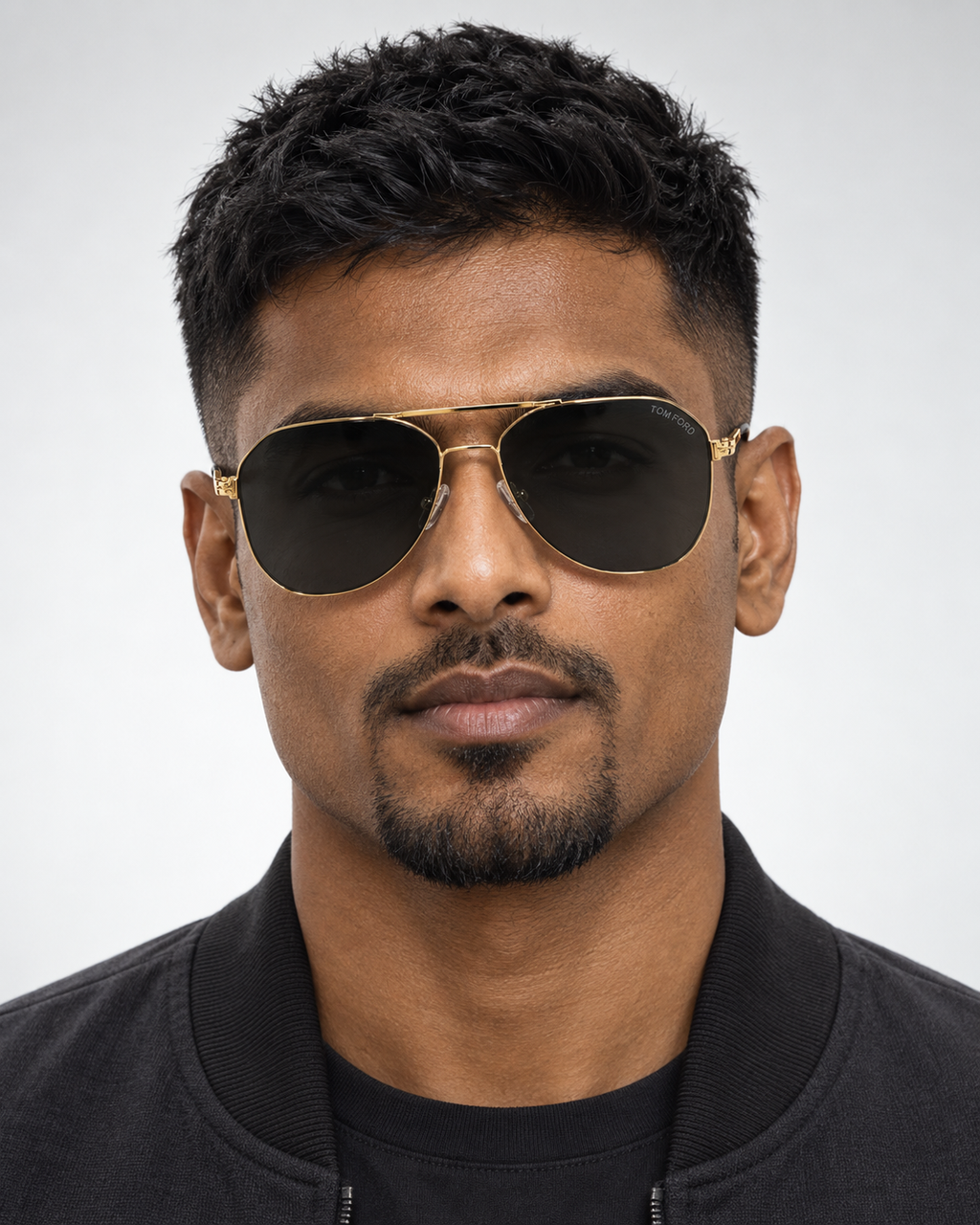 tom ford gold geometric aviator sunglasses — male model front