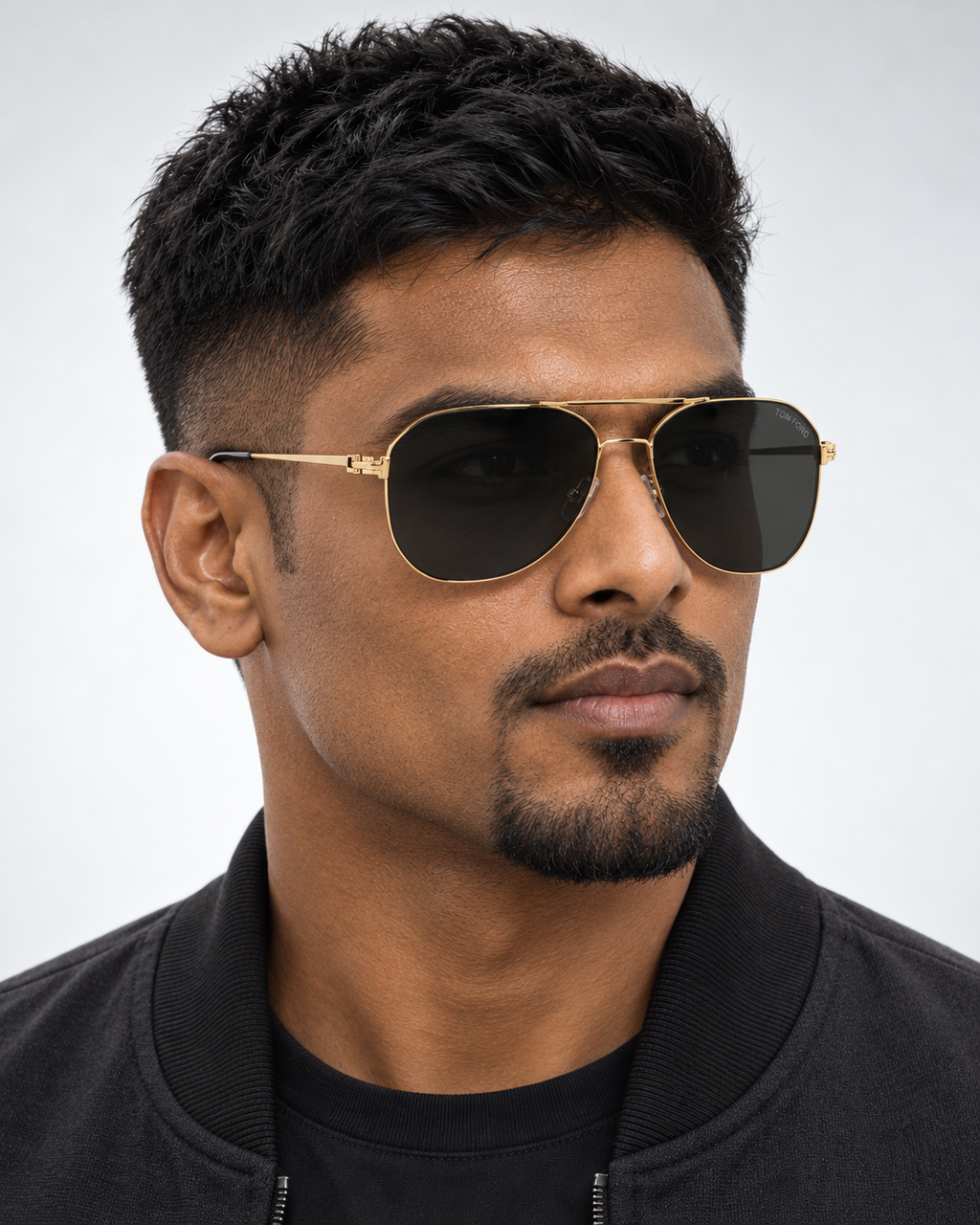 tom ford gold geometric aviator sunglasses — male model three quarter