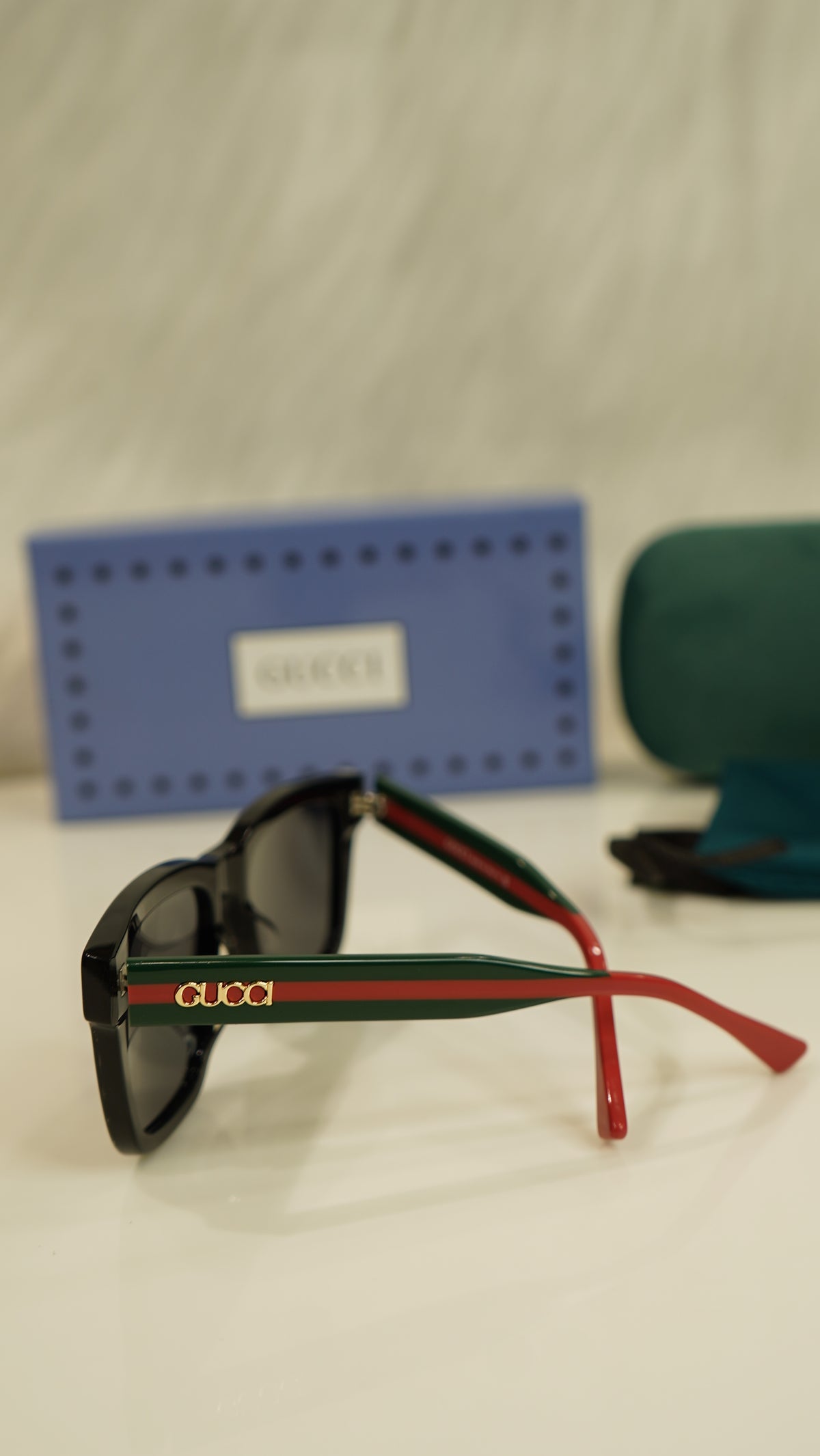 GG black square sunglasses with red and green temples — view 2