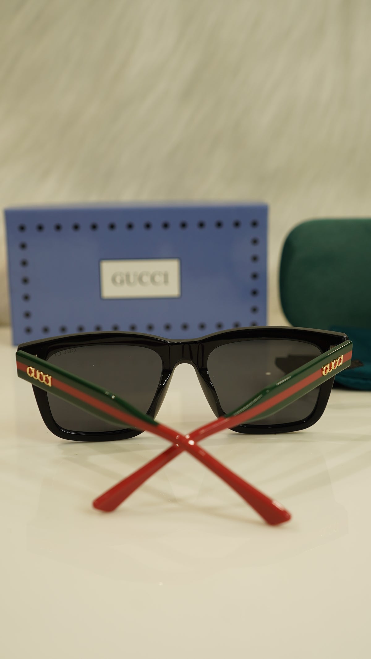 GG black square sunglasses with red and green temples — view 3