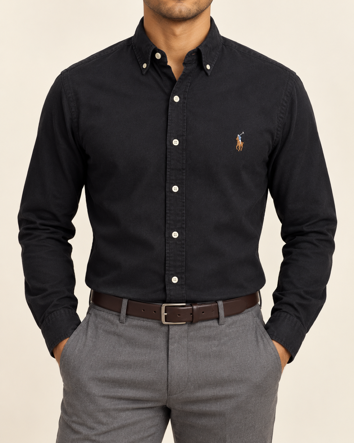 RL — Black button-down shirt, front view