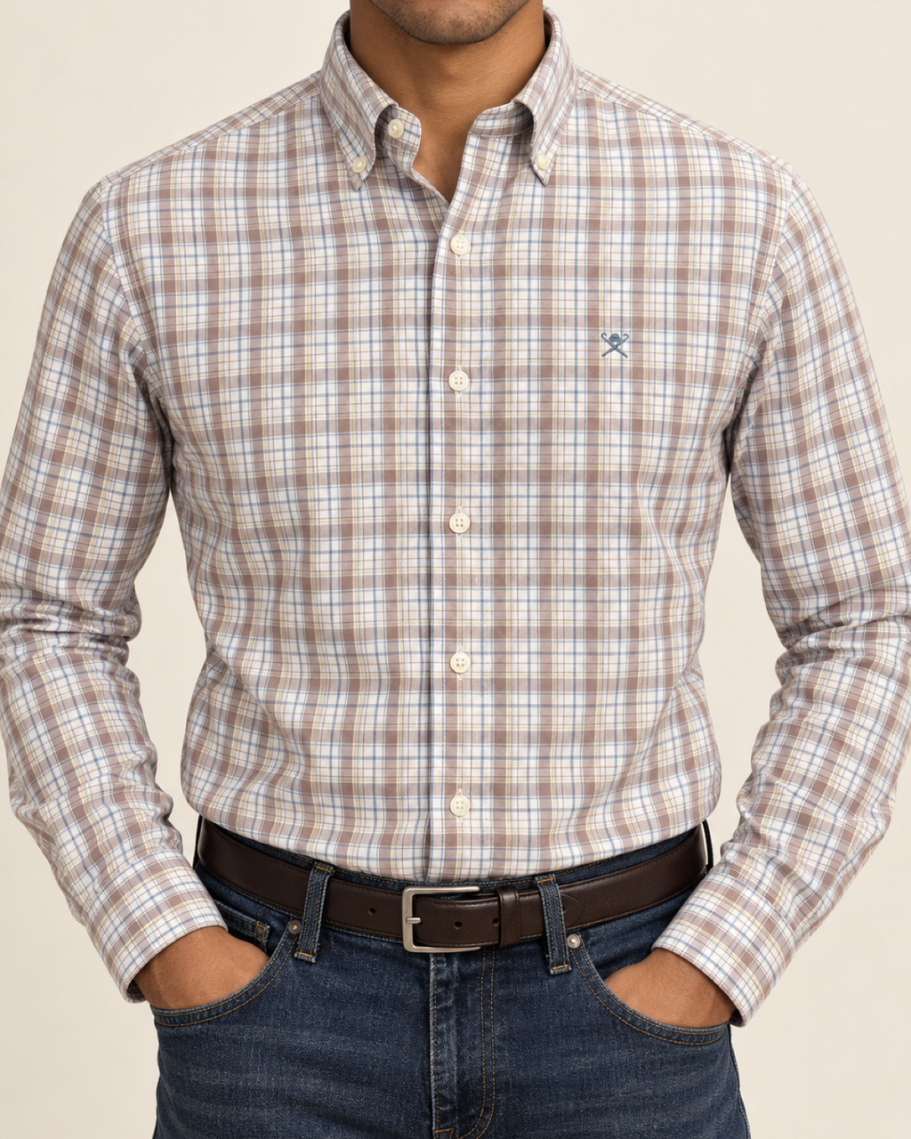 HKTT — Ivory Taupe Plaid Button-Down Shirt — front view