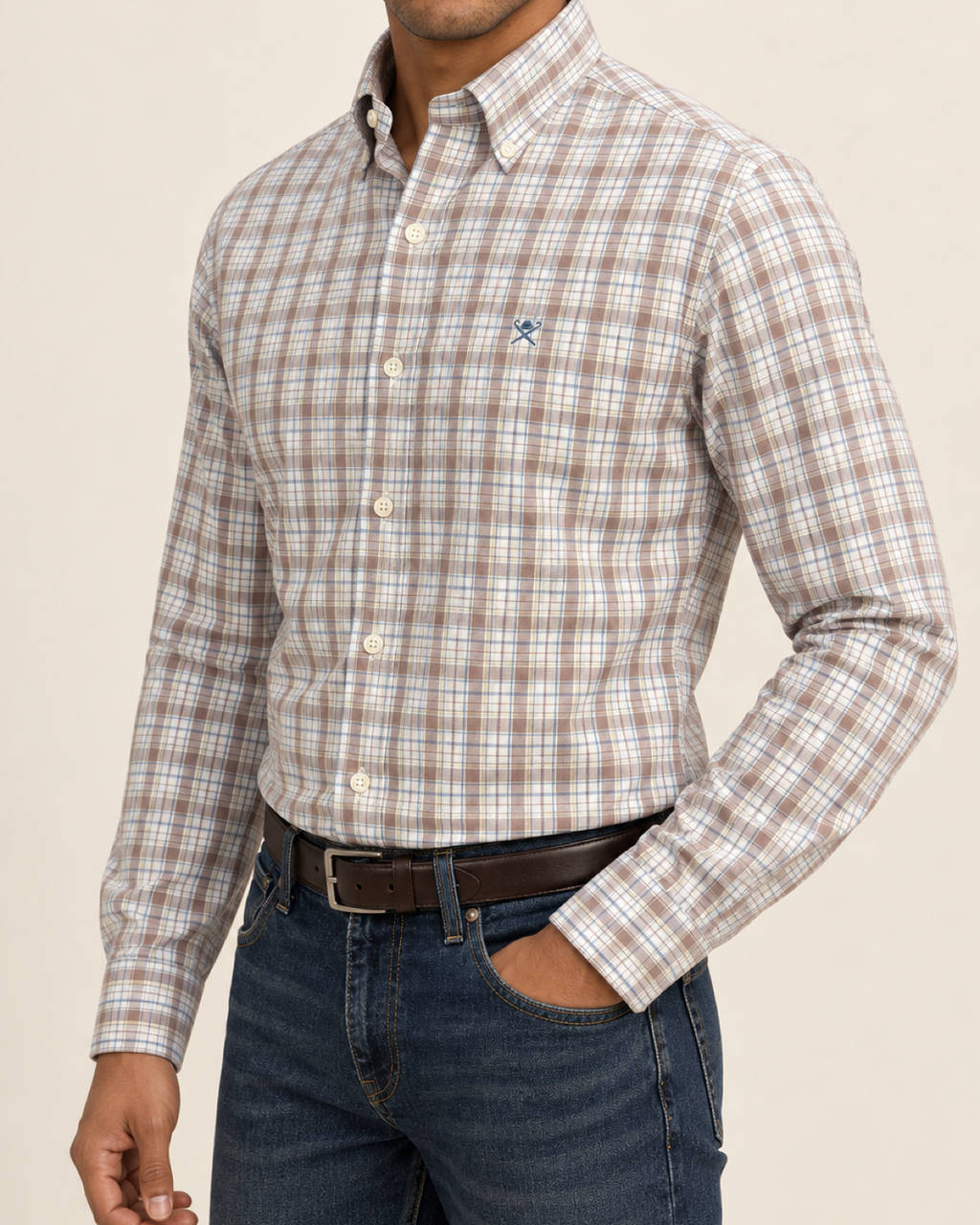 HKTT — Ivory Taupe Plaid Button-Down Shirt — side view