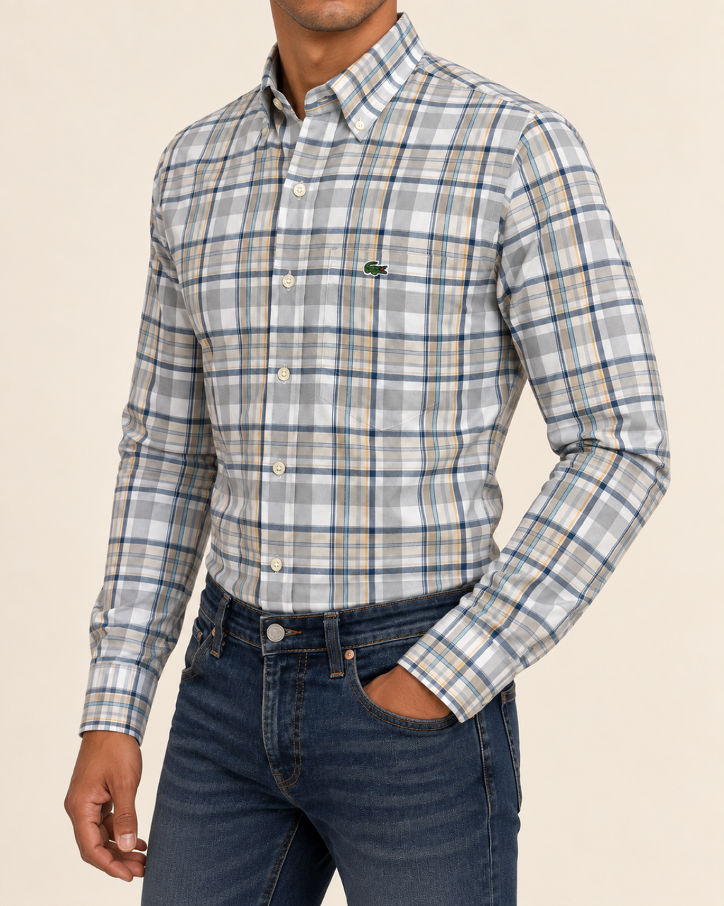 LCST — Light Grey & Blue Plaid Button-Down Shirt — side view