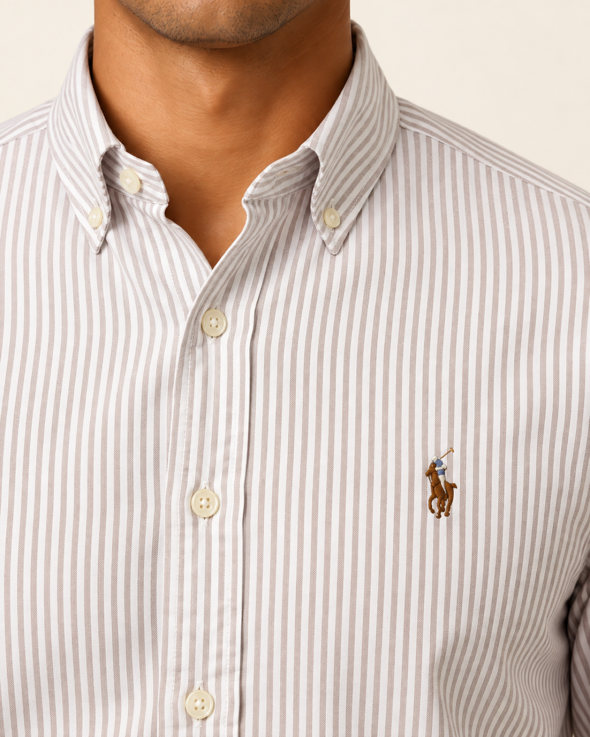 RL — Off-White & Taupe Grey Striped Button-Down Shirt — detail view