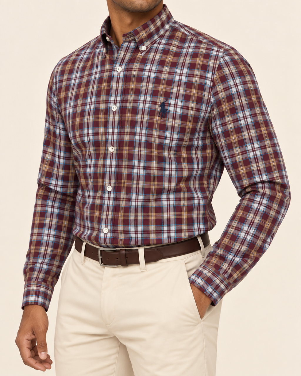 RL — Burgundy Plaid Button-Down Shirt — side view