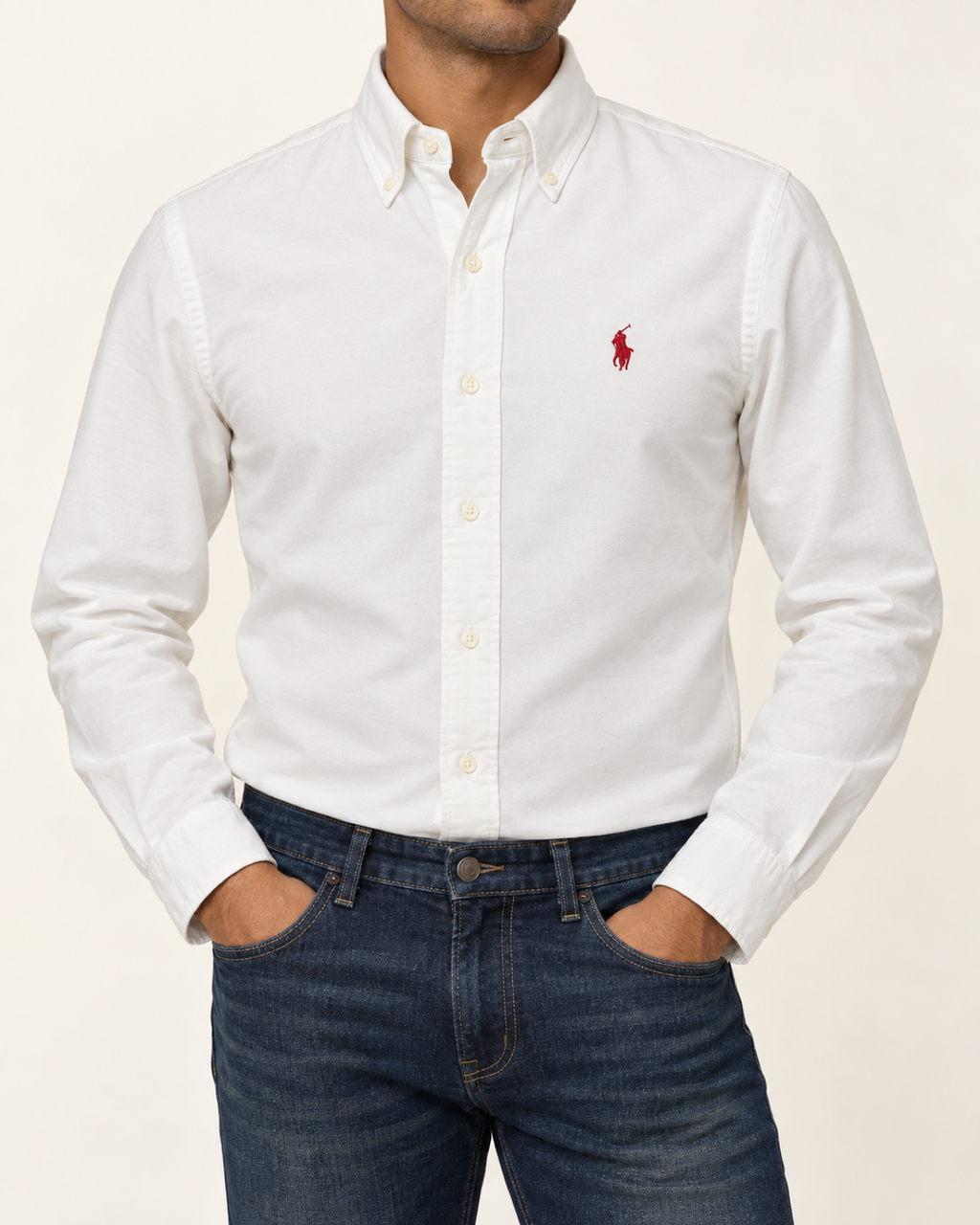 RL — White Button-Down Shirt With Red Embroidery — front view
