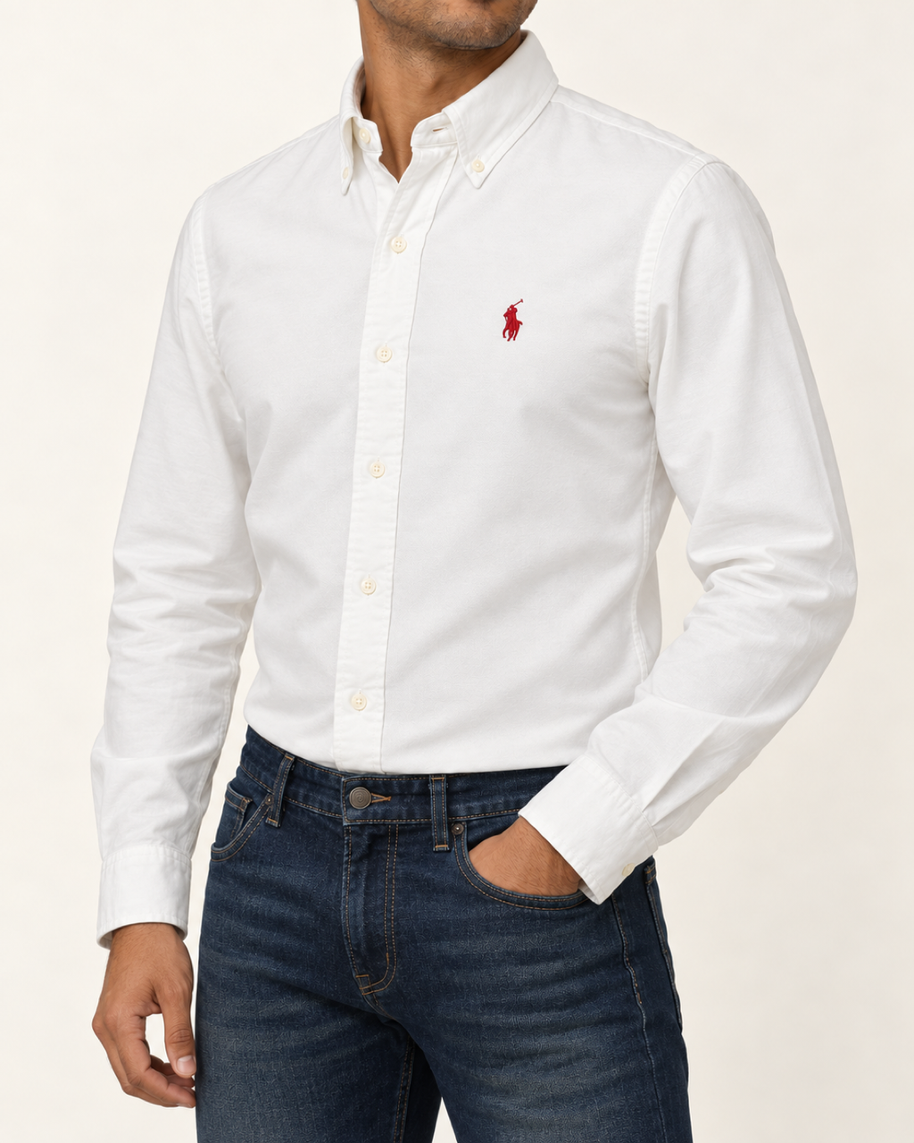 RL — White Button-Down Shirt With Red Embroidery — side view