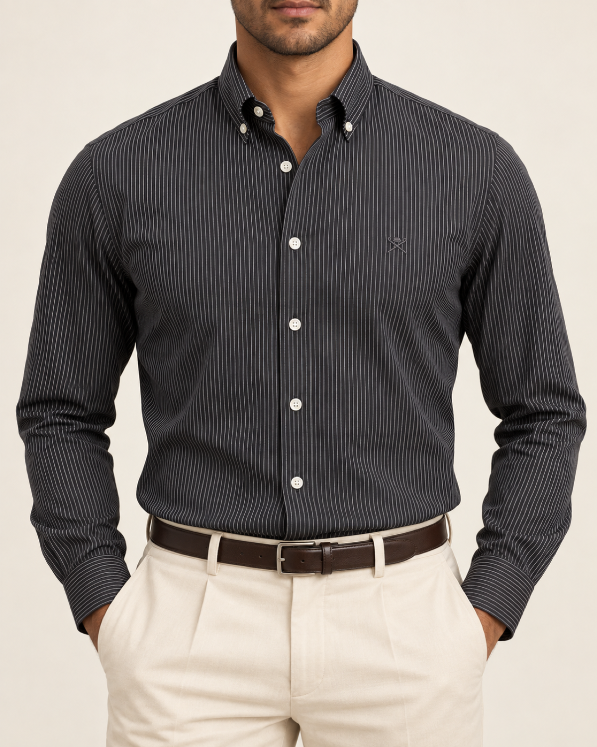 HKTT — Charcoal Fine Pinstripe Button-Down Shirt — front view