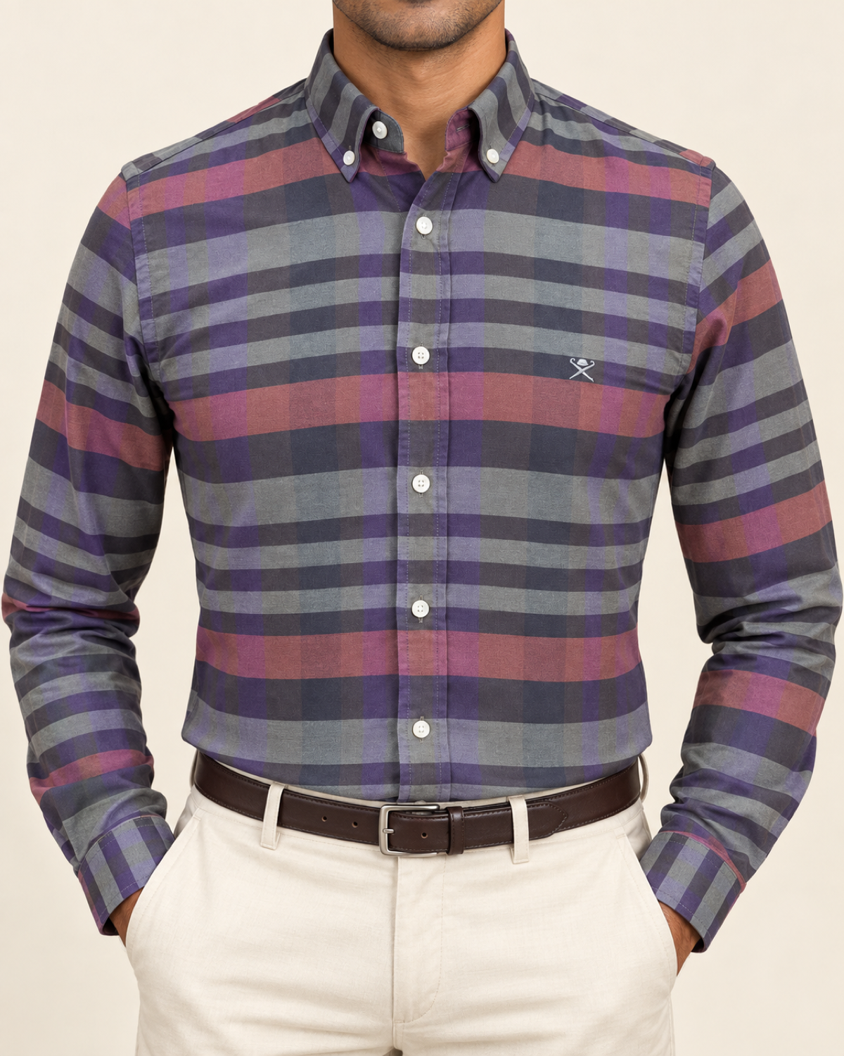 HKTT — Charcoal Plum Broad Check Button-Down Shirt — front view