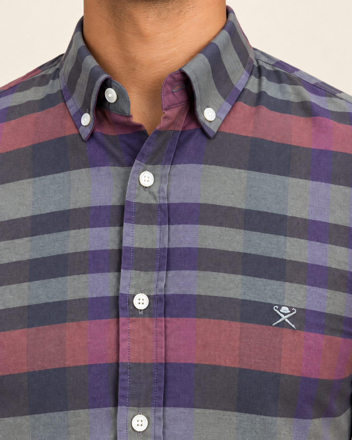 HKTT — Charcoal Plum Broad Check Button-Down Shirt — detail view