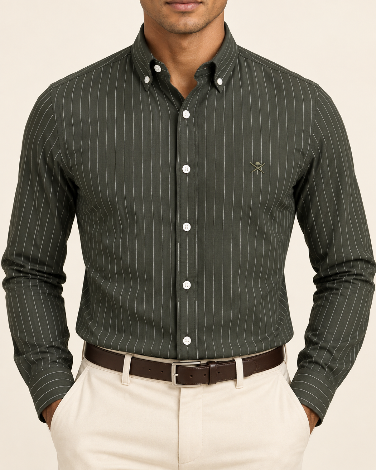 HKTT — Dark Olive Pinstripe Button-Down Shirt — front view