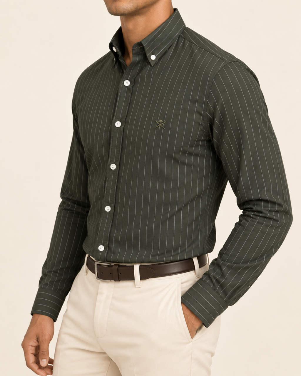HKTT — Dark Olive Pinstripe Button-Down Shirt — side view