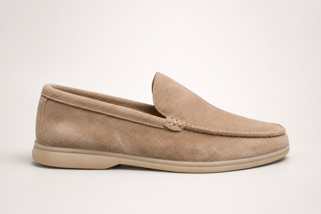 Men’s Taupe Suede Loafers - premium men's taupe suede loafer side profile