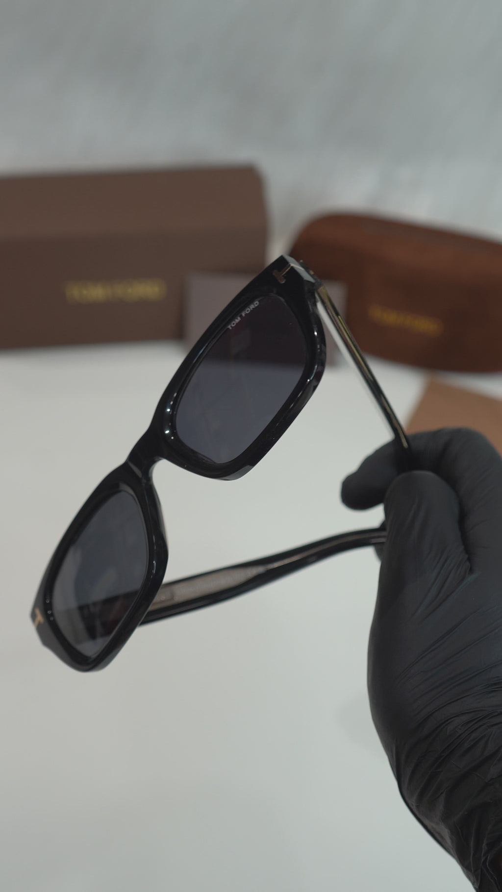 TF — Glossy Black Gold-T Square Sunglasses — silent high-quality complete detailing video