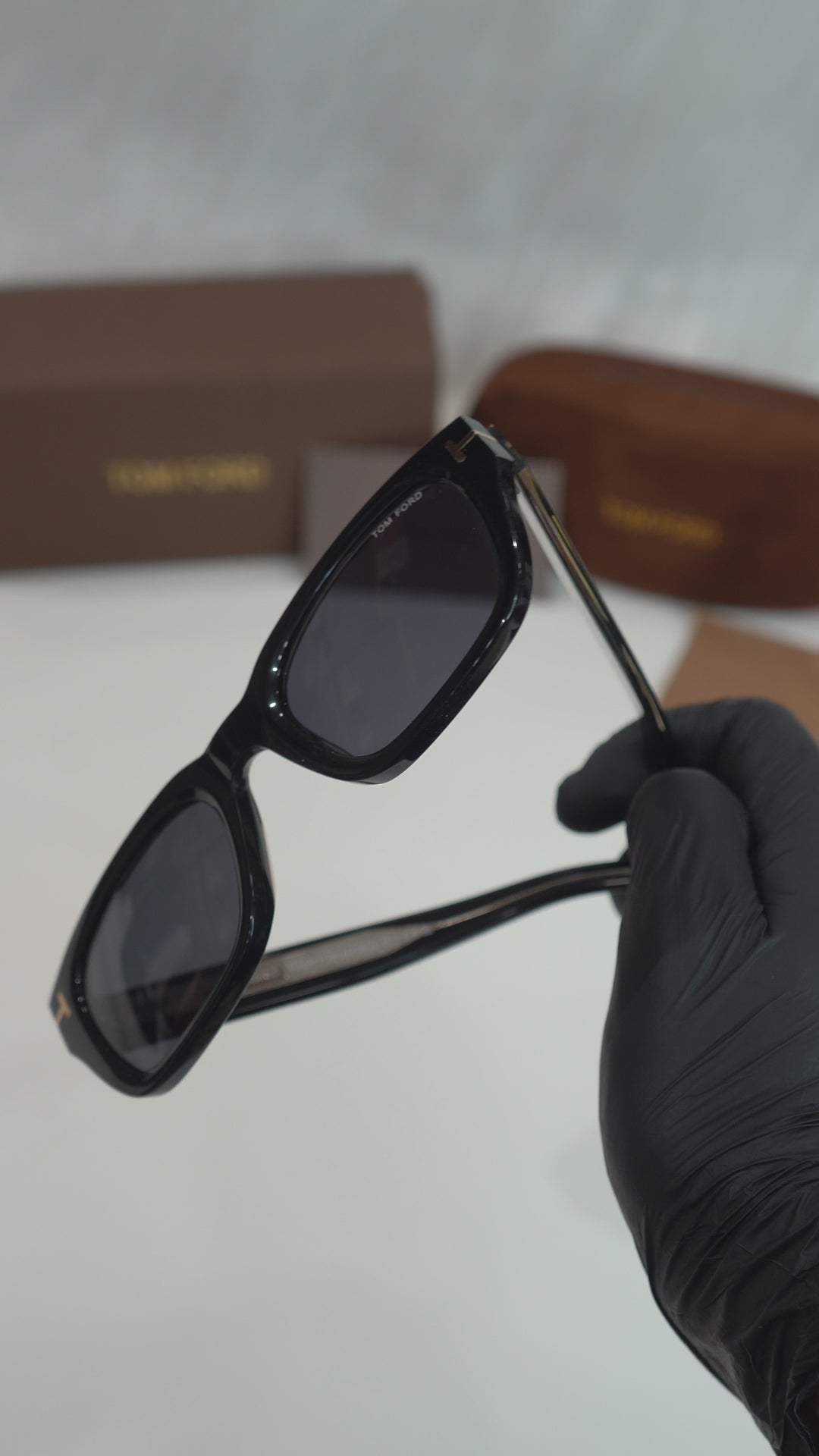 TF — Glossy Black Gold-T Square Sunglasses — silent high-quality complete detailing video