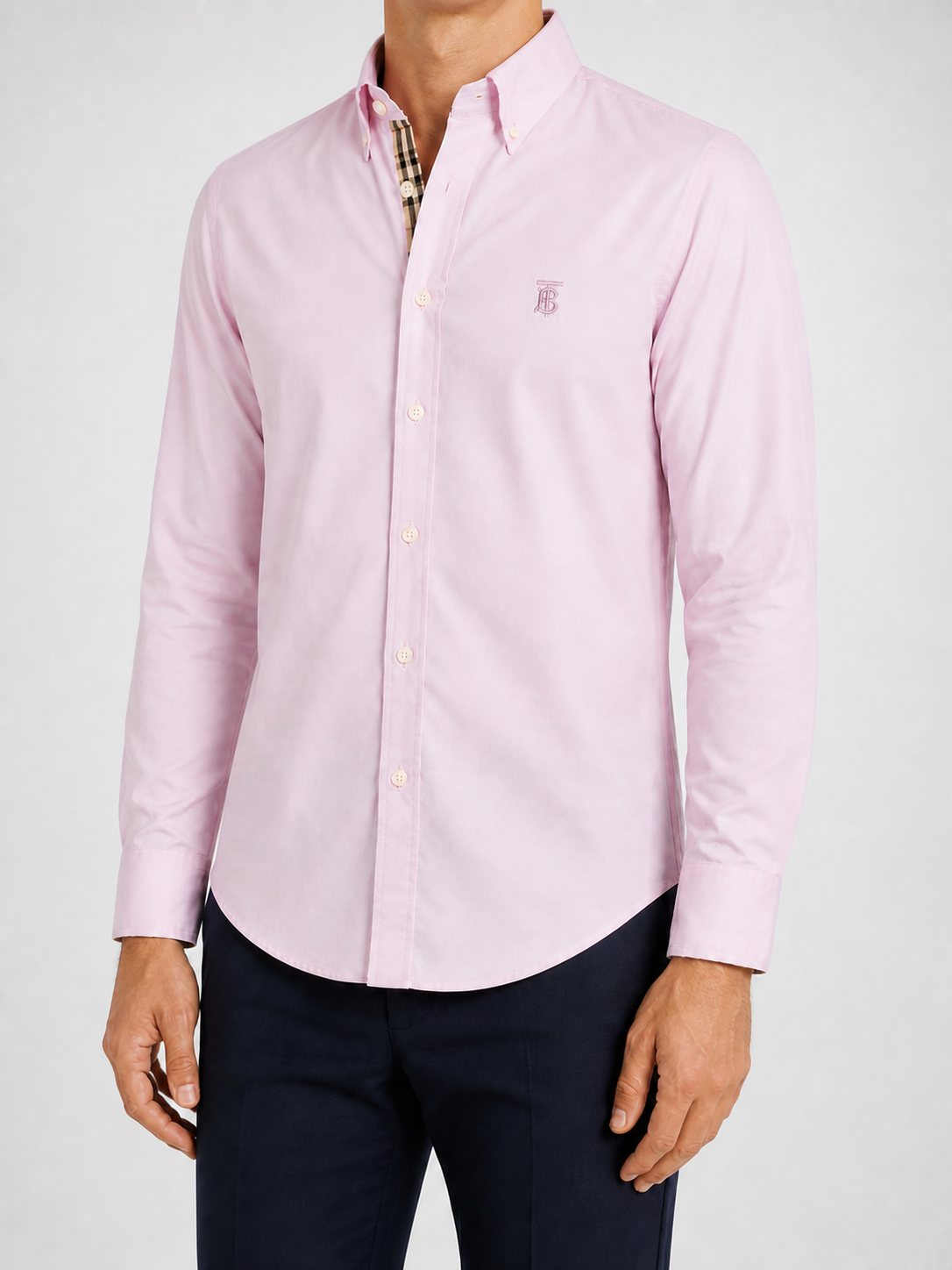 Men’s Light Pink Check-Detail Shirt - soft pink check shirt model right three quarter