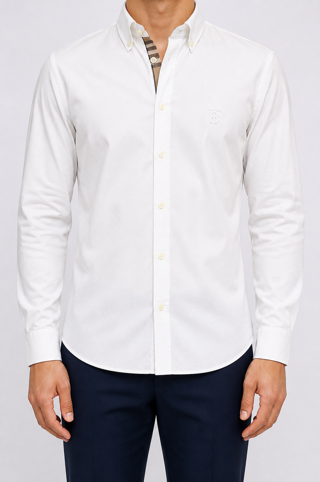 Men’s Classic White Check-Detail Shirt - white check trim shirt model front