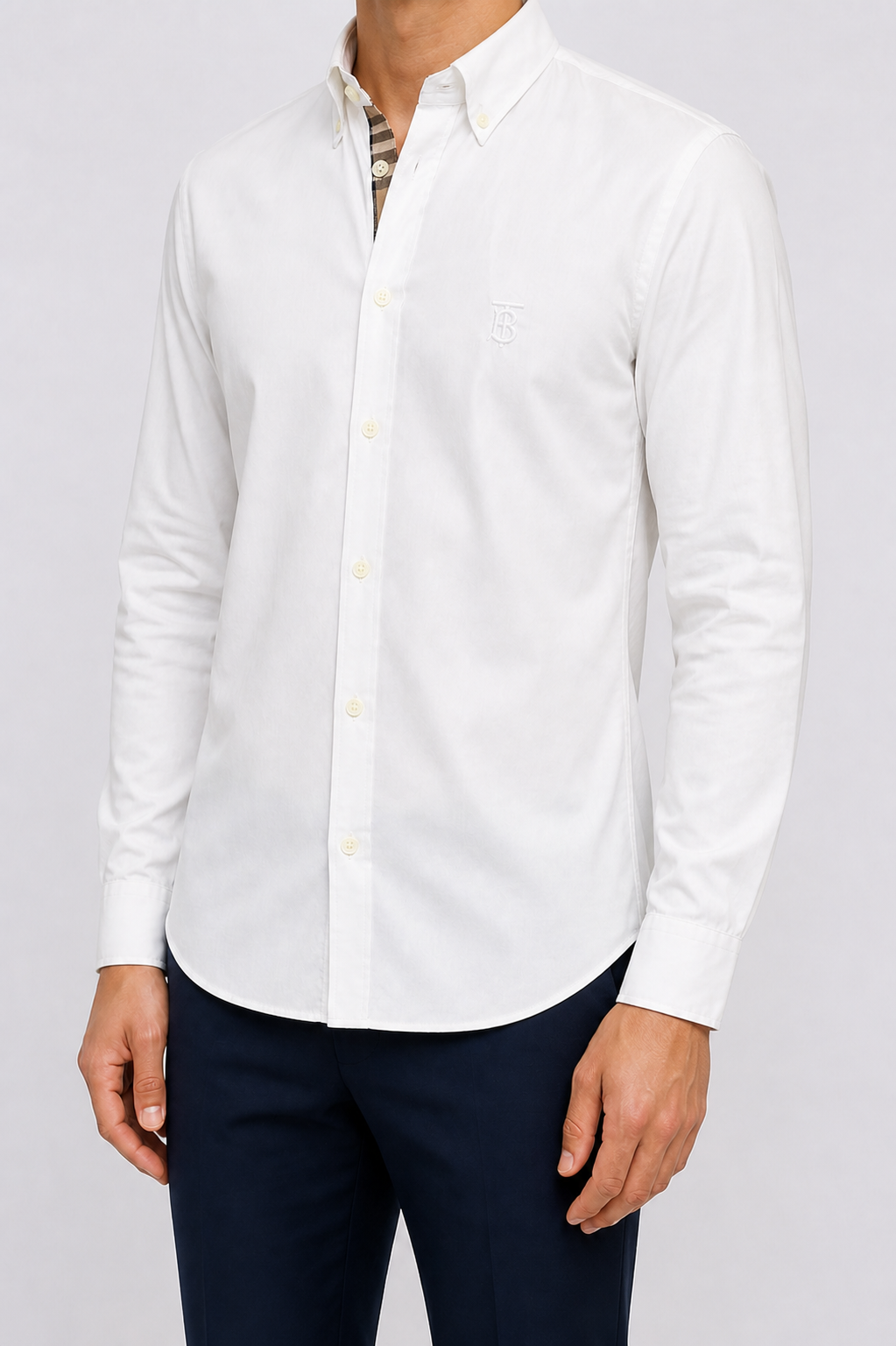 Men’s Classic White Check-Detail Shirt - white check trim shirt model left three quarter